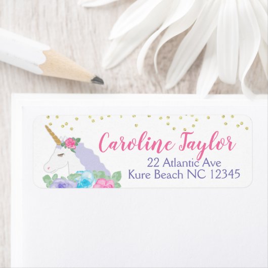 Rosa und Gold Unicorn Babydusche - Adressetikett (Insitu)