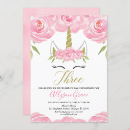 Rosa und Gold Unicorn Mädchen zum 3. Geburtstag Einladung