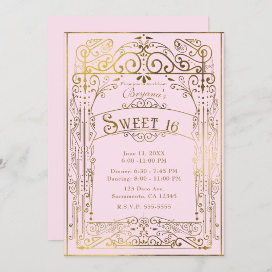 Rosa und Gold Vintager Viktorianischer Deko Süß 16 Einladung (Vorne/Hinten)