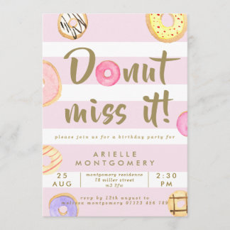 Rosa und Gold Watercolor Donuts Geburtstagsparty Einladung