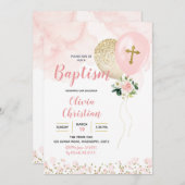 Rosa und Goldballon Girl Taufe Einladung (Vorne/Hinten)