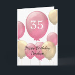 Rosa und Goldballons 35. Geburtstag Karte<br><div class="desc">Personalisierte rosa und goldene 35. Geburtstagskarte für sie,  die auf der Vorderseite dieser fünfunddreißigsten Geburtstagskarte Rosa- und Goldballons zeigt.</div>