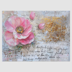 Rosa und goldbedrückte Vintage Blumendekoupage Seidenpapier