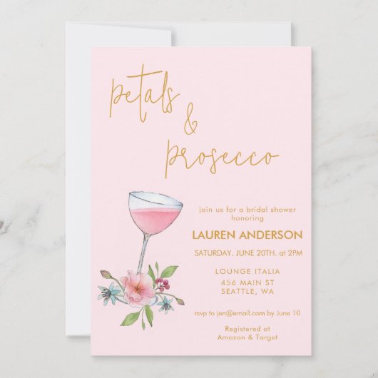 Rosa und Goldblättern und Prosecco-Brautparty Einladung (Vorderseite)