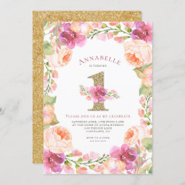 Rosa und Goldblumenmädchen-1. Geburtstags-Party Einladung
