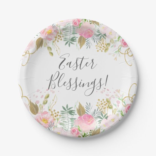 Rosa und goldblütige Ostern Pappteller (Vorderseite)