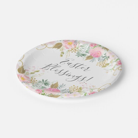 Rosa und goldblütige Ostern Pappteller (Schrägansicht)