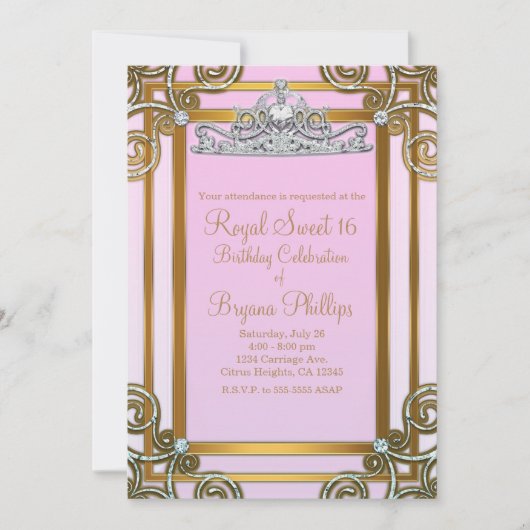 Rosa und Golddruckerin Kronjugend Tiara Sweet 16 P Einladung (Vorderseite)