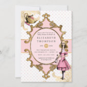 Rosa und goldene Alice im Wunderland Kinderdusche Einladung (Vorderseite)