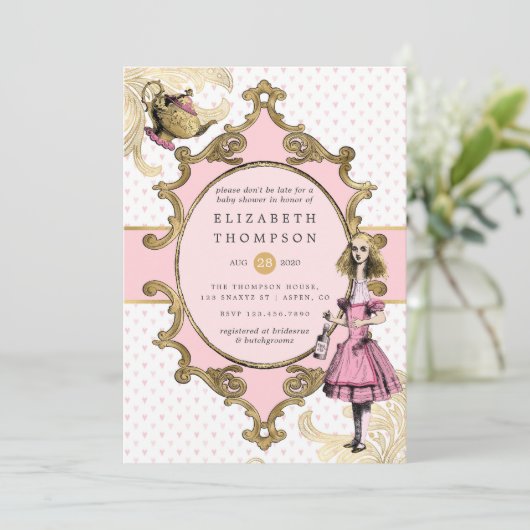 Rosa und goldene Alice im Wunderland Kinderdusche Einladung (Stehend Vorderseite)