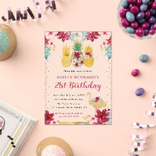 Rosa und goldene Ananas & Flamingo 21. Geburtstag Acryleinladungen