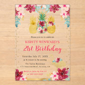 Rosa und goldene Ananas & Flamingo 21. Geburtstag Acryleinladungen (Vorderseite)