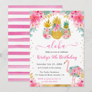 Rosa und goldene Ananas & Flamingo Kindergeburtsta Einladung