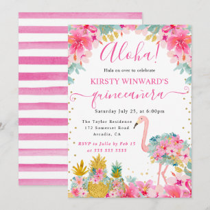 Rosa und goldene Ananas & Flamingo Quinceanera Einladung
