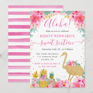 Rosa und goldene Ananas & Flamingo Sweet 16 Einladung