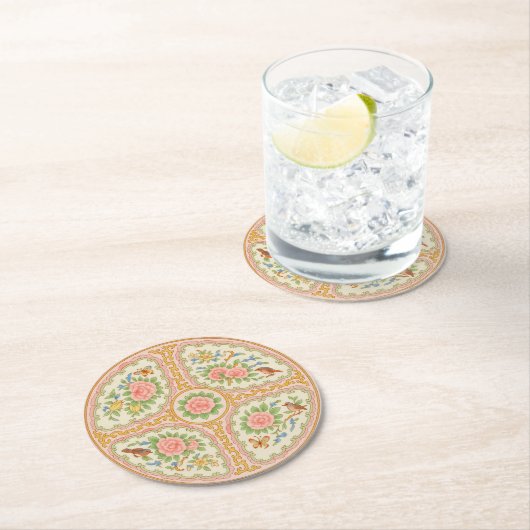 Rosa und goldene antike Rose Medallion Runder Pappuntersetzer (Vor Ort)