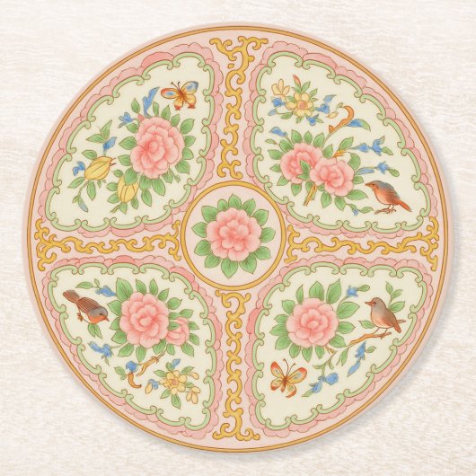 Rosa und goldene antike Rose Medallion Runder Pappuntersetzer (Vorderseite)