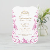 Rosa und goldene Aquarellblüten Quinceanera Einladung (Stehend Vorderseite)
