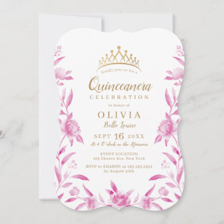 Rosa und goldene Aquarellblüten Quinceanera Einladung