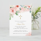 Rosa und goldene Aquarelltaufe Blumen Religiöse Ta Einladung (Stehend Vorderseite)