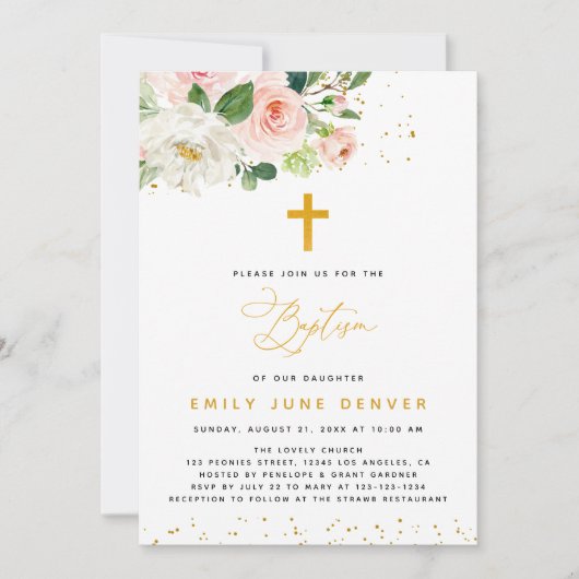 Rosa und goldene Aquarelltaufe Einladung (Vorderseite)