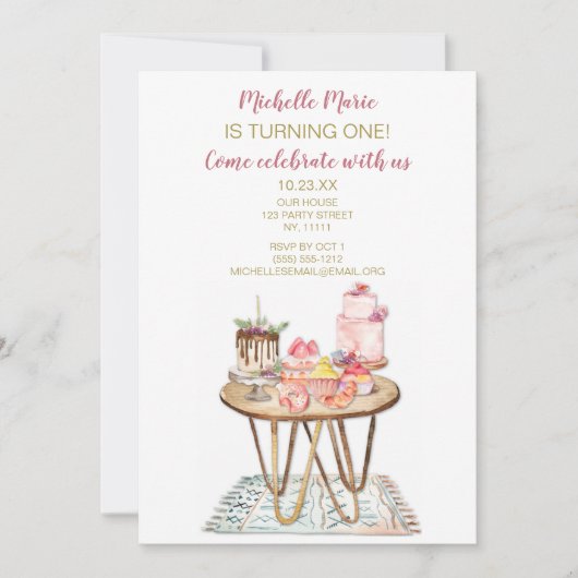 Rosa und goldene Bäckerei Cake Patches zum ersten  Einladung (Vorderseite)