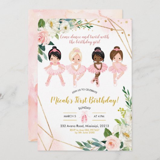 Rosa und goldene Ballet Girl Einladung (Vorne/Hinten)