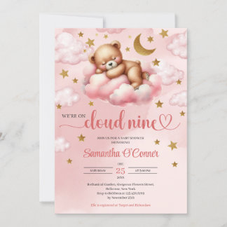 Rosa und goldene Bärenwolke 9 Kinderdusche Einladung