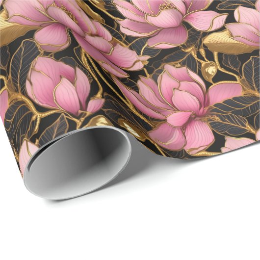 Rosa und goldene blühende Magnolia-Blume Geschenkpapier (Rolleneckpunkt)