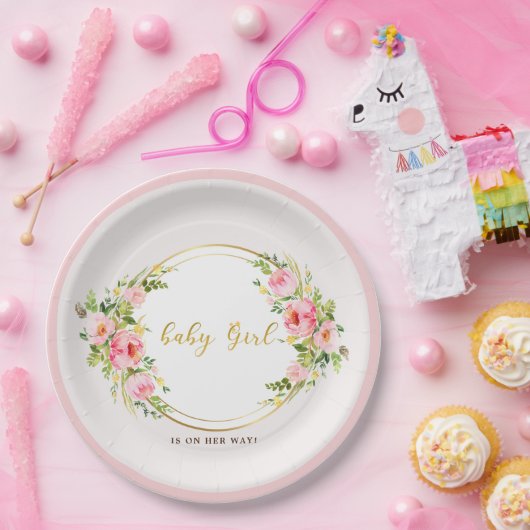 Rosa und goldene Blume Kindermädchendusche Pappteller (Party)