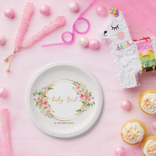 Rosa und goldene Blume Kindermädchendusche Pappteller (Party)