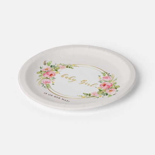 Rosa und goldene Blume Kindermädchendusche Pappteller (Schrägansicht)