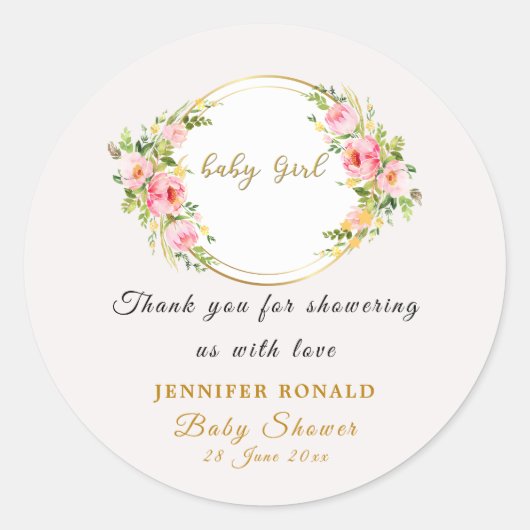 Rosa und goldene Blume Kindermädchendusche Runder Aufkleber (Vorderseite)