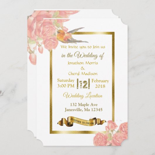 Rosa und goldene Blume und Einladungen für Vogelho (Vorne/Hinten)