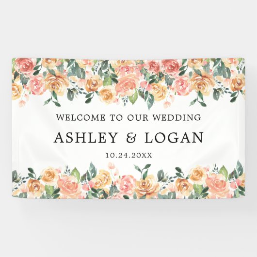 Rosa und goldene Blumen Elegante Hochzeit Willkomm Banner (Horizontal)