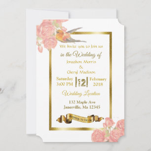 Rosa und goldene Blumen und Vogel Hochzeits Einlad Einladung