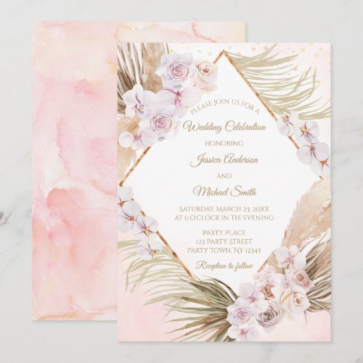 Rosa und goldene Blumenkarte Einladung (Vorne/Hinten)