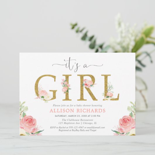 Rosa und goldene Blütendusche, ein Mädchen Einladung (Stehend Vorderseite)