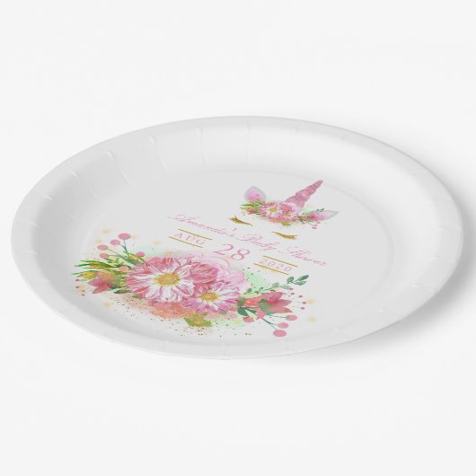 Rosa und goldene Blütendusche Pappteller (Schrägansicht)