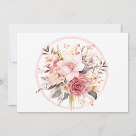 Rosa und goldene Blütenschmetterlinge Vielen Dank  Einladung (Rückseite)