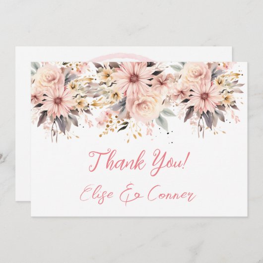 Rosa und goldene Blütenschmetterlinge Vielen Dank  Einladung (Vorne/Hinten)