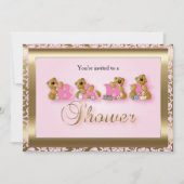 Rosa und goldene Damaskus mit Teddybären | Babydus Einladung (Vorderseite)