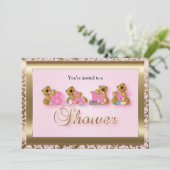 Rosa und goldene Damaskus mit Teddybären | Babydus Einladung (Stehend Vorderseite)