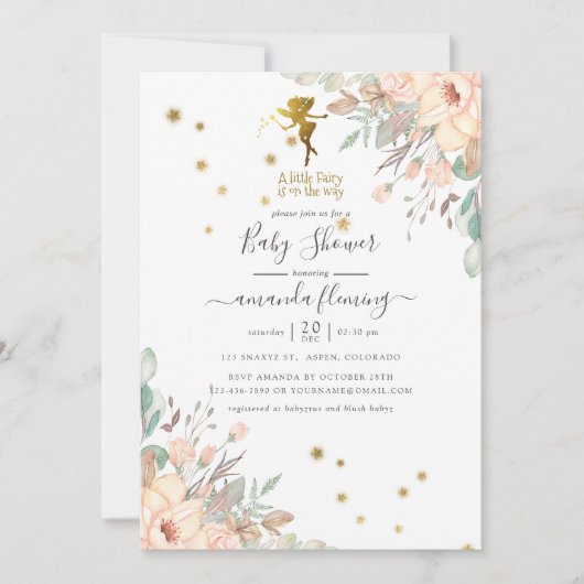 Rosa und goldene Fee - Girl Baby Dusche Einladung (Vorderseite)