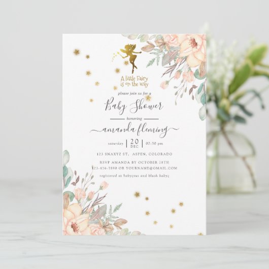 Rosa und goldene Fee - Girl Baby Dusche Einladung (Stehend Vorderseite)