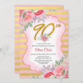 Rosa und goldene Flora 90. Geburtstag Einladung (Vorne/Hinten)