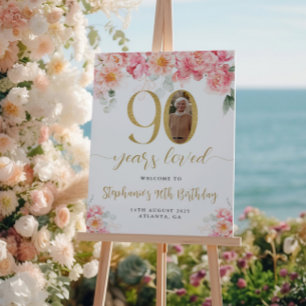 Rosa und goldene florale Foto 90. Geburtstagsbegrü Poster