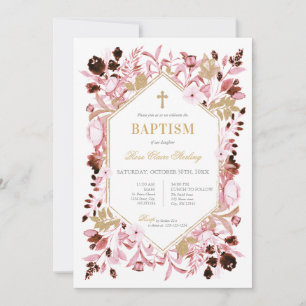 Rosa und goldene florale Tauf-Einladung für Mädche Einladung