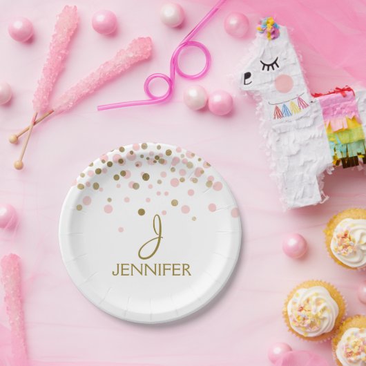 Rosa und goldene Foil Girly Confetti Monogram Pappteller (Party)