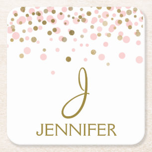 Rosa und goldene Foil Girly Confetti Monogram Rechteckiger Pappuntersetzer